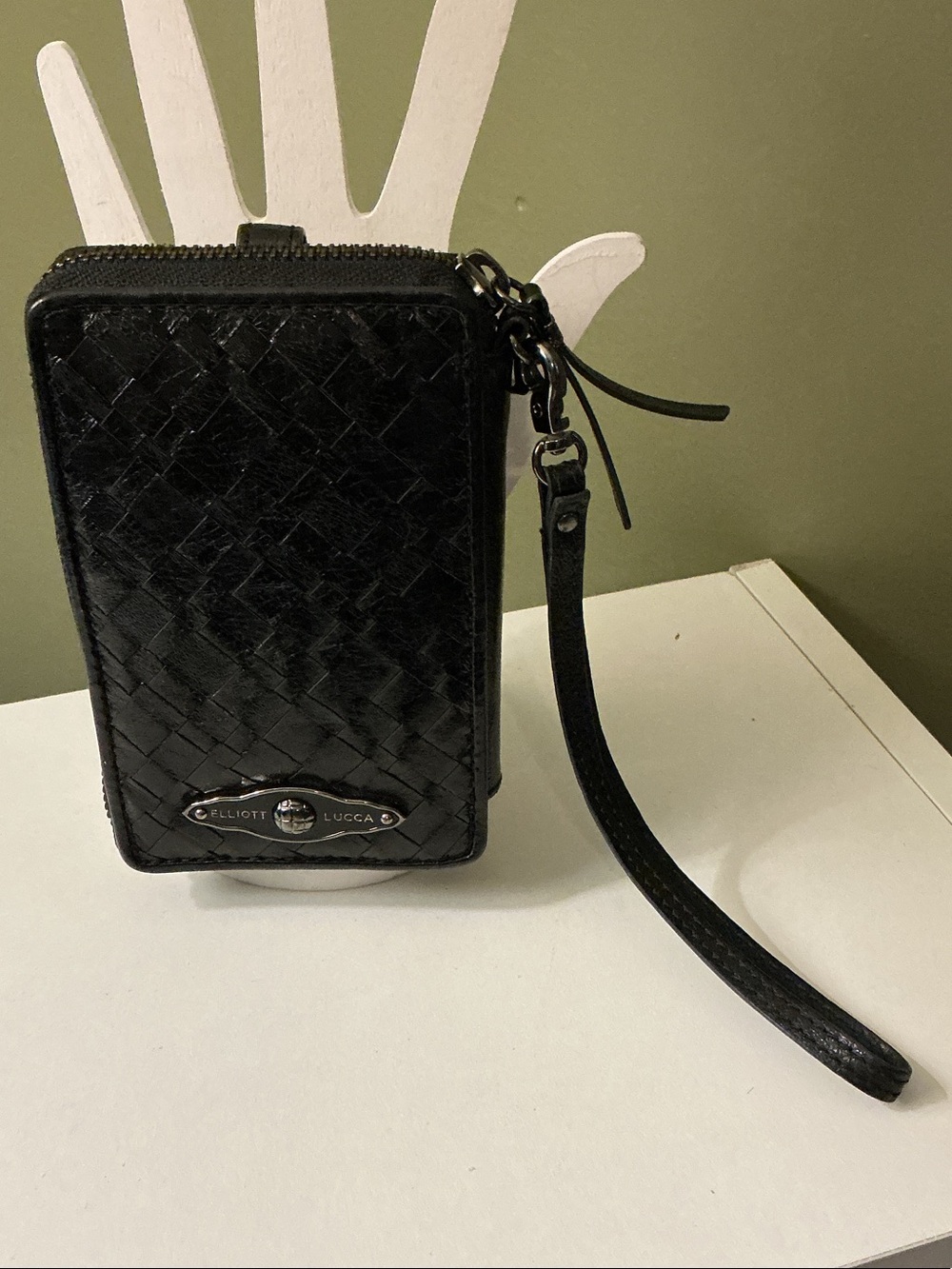 Elliott Lucca Black Woven Leather Wristlet Wallet with Strap EUC